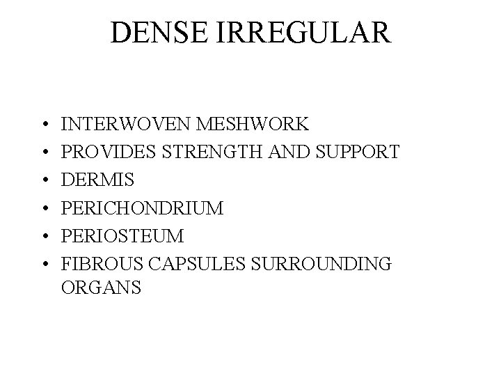 DENSE IRREGULAR • • • INTERWOVEN MESHWORK PROVIDES STRENGTH AND SUPPORT DERMIS PERICHONDRIUM PERIOSTEUM DENSE IRREGULAR • • • INTERWOVEN MESHWORK PROVIDES STRENGTH AND SUPPORT DERMIS PERICHONDRIUM PERIOSTEUM