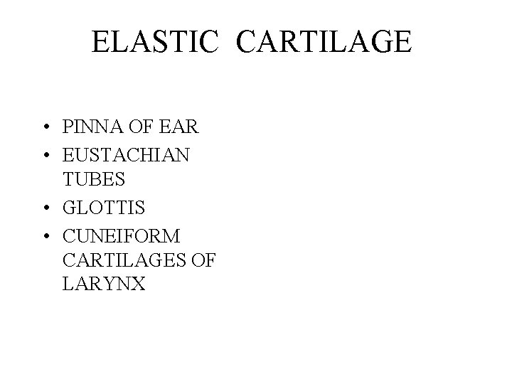 ELASTIC CARTILAGE • PINNA OF EAR • EUSTACHIAN TUBES • GLOTTIS • CUNEIFORM CARTILAGES