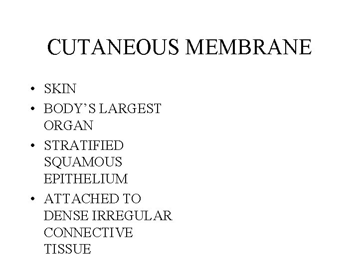 CUTANEOUS MEMBRANE • SKIN • BODY’S LARGEST ORGAN • STRATIFIED SQUAMOUS EPITHELIUM • ATTACHED