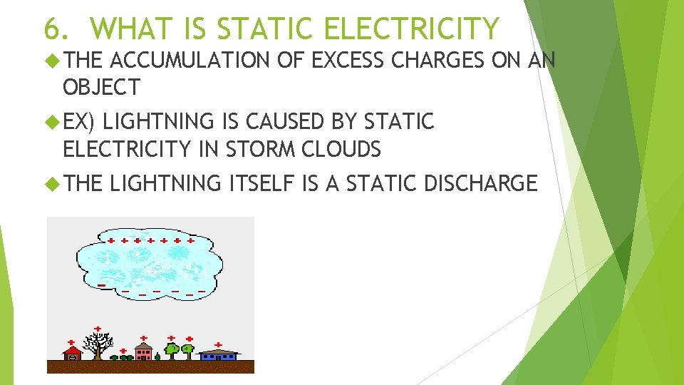 6. WHAT IS STATIC ELECTRICITY THE ACCUMULATION OF EXCESS CHARGES ON AN OBJECT EX)