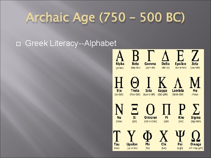 Archaic Age (750 – 500 BC) Greek Literacy--Alphabet 