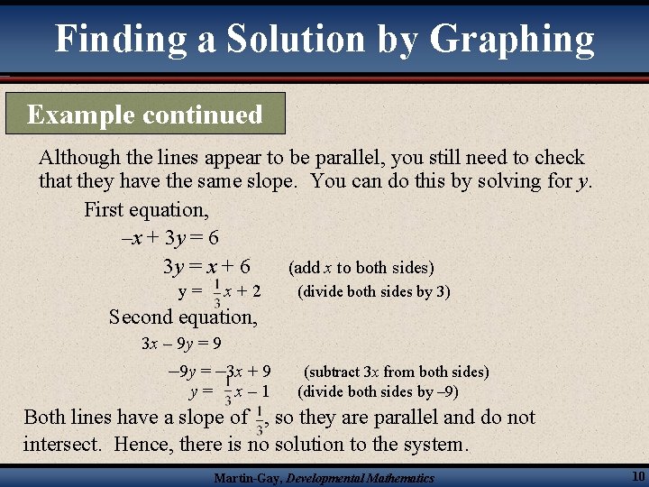 Finding a Solution by Graphing Example continued Although the lines appear to be parallel,