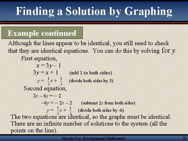 Finding a Solution by Graphing Example continued Although the lines appear to be identical,