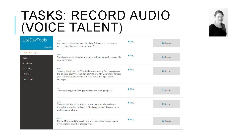 TASKS: RECORD AUDIO (VOICE TALENT) 