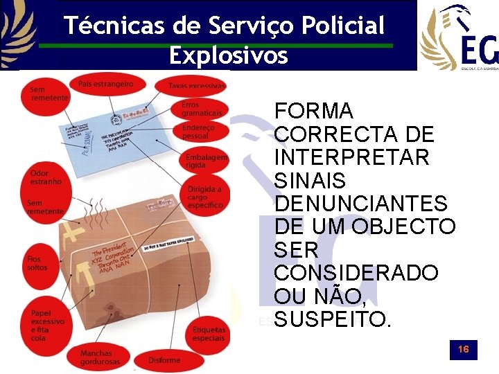 Técnicas de Serviço Policial Explosivos FORMA CORRECTA DE INTERPRETAR SINAIS DENUNCIANTES DE UM OBJECTO