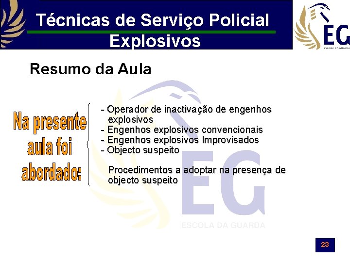 Técnicas de Serviço Policial Explosivos Resumo da Aula - Operador de inactivação de engenhos