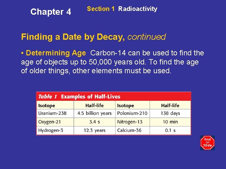 Chapter 4 Section 1 Radioactivity Finding a Date by Decay, continued • Determining Age