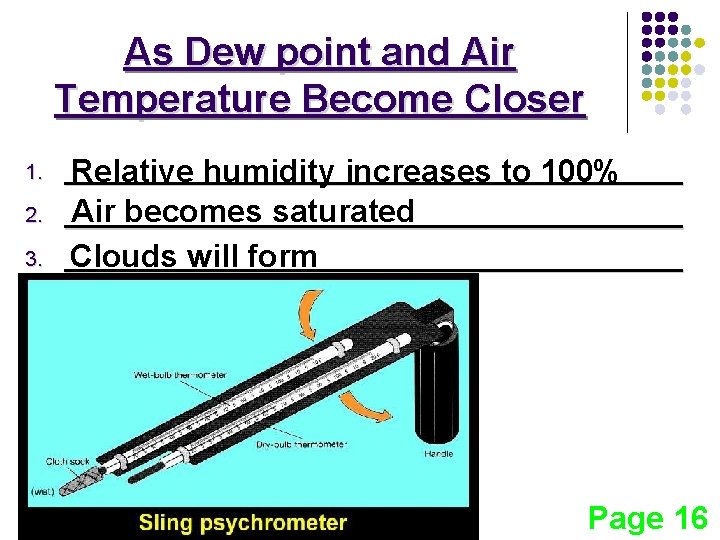 As Dew point and Air Temperature Become Closer 1. 2. 3. ___________________ Relative humidity