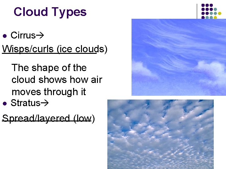Cloud Types Cirrus _________ Wisps/curls (ice clouds) l The shape of the cloud shows