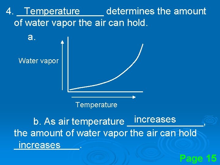 Temperature 4. ________ determines the amount of water vapor the air can hold. a.