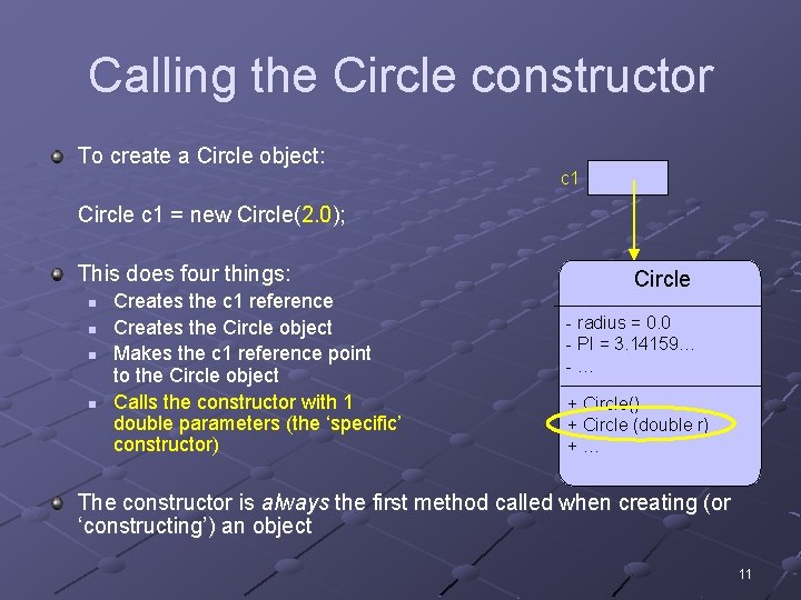 Calling the Circle constructor To create a Circle object: c 1 Circle c 1