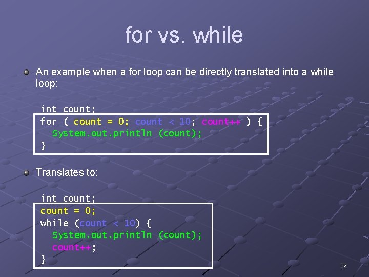 for vs. while An example when a for loop can be directly translated into