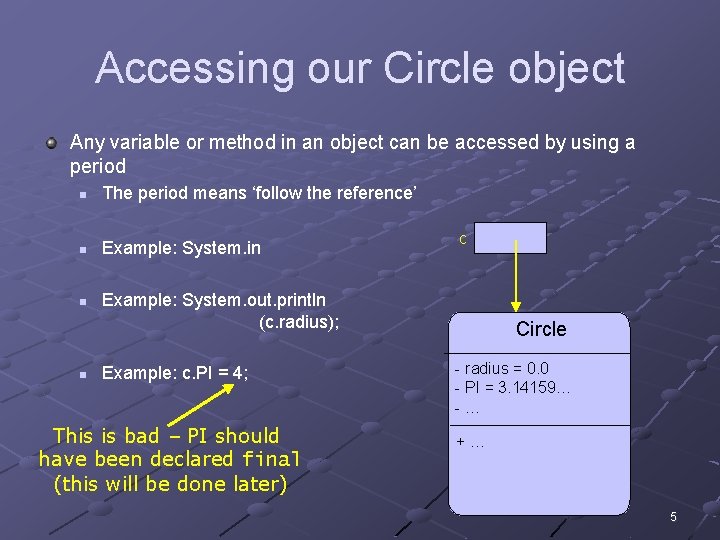 Accessing our Circle object Any variable or method in an object can be accessed