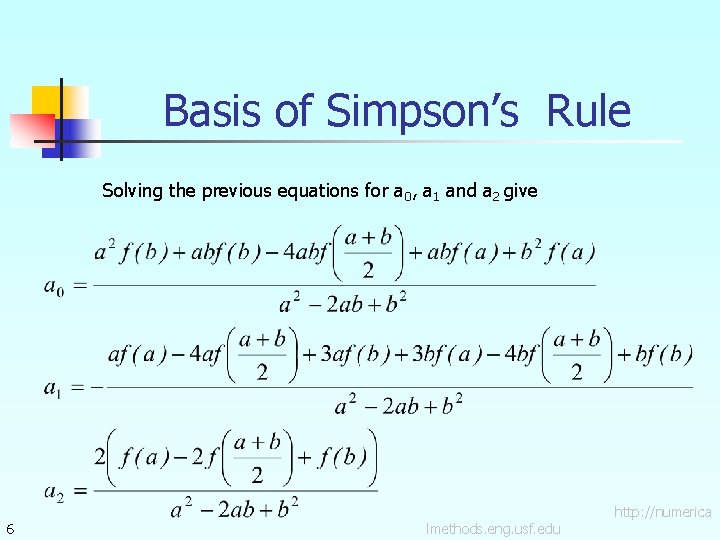 Basis of Simpson’s Rule Solving the previous equations for a 0, a 1 and