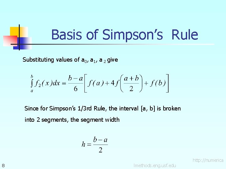 Basis of Simpson’s Rule Substituting values of a 0, a 1, a 2 give