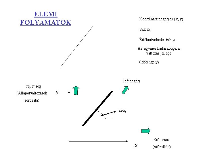 ELEMI FOLYAMATOK Koordinátatengelyek (x, y) Skálák Értéknövekedés iránya Az egyenes hajlásszöge, a változás jellege