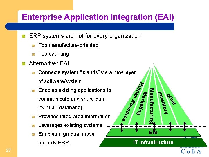 Enterprise Application Integration (EAI) ERP systems are not for every organization Too manufacture-oriented Too