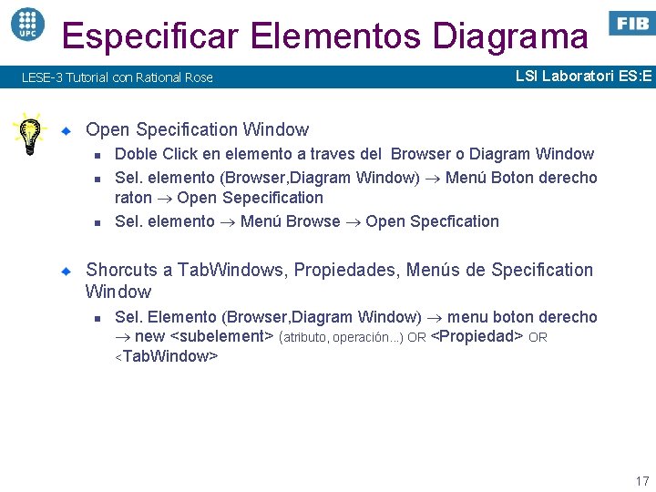 Especificar Elementos Diagrama LESE-3 Tutorial con Rational Rose LSI Laboratori ES: E Open Specification