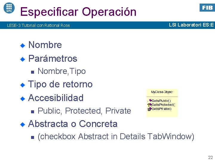 Especificar Operación LESE-3 Tutorial con Rational Rose LSI Laboratori ES: E Nombre Parámetros n