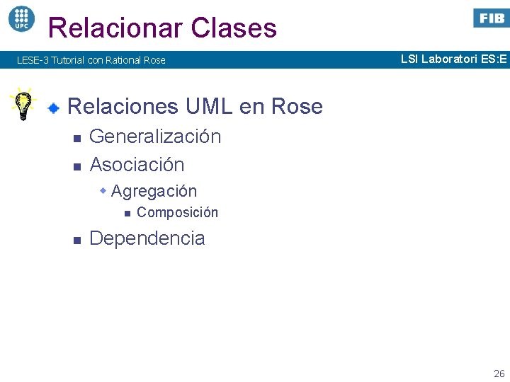 Relacionar Clases LESE-3 Tutorial con Rational Rose LSI Laboratori ES: E Relaciones UML en