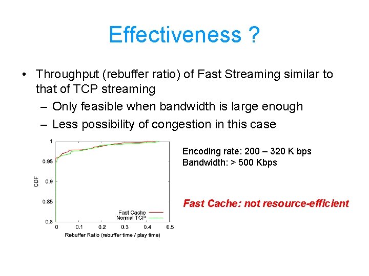 Effectiveness ? • Throughput (rebuffer ratio) of Fast Streaming similar to that of TCP