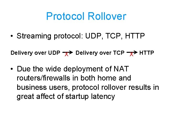 Protocol Rollover • Streaming protocol: UDP, TCP, HTTP Delivery over UDP X Delivery over