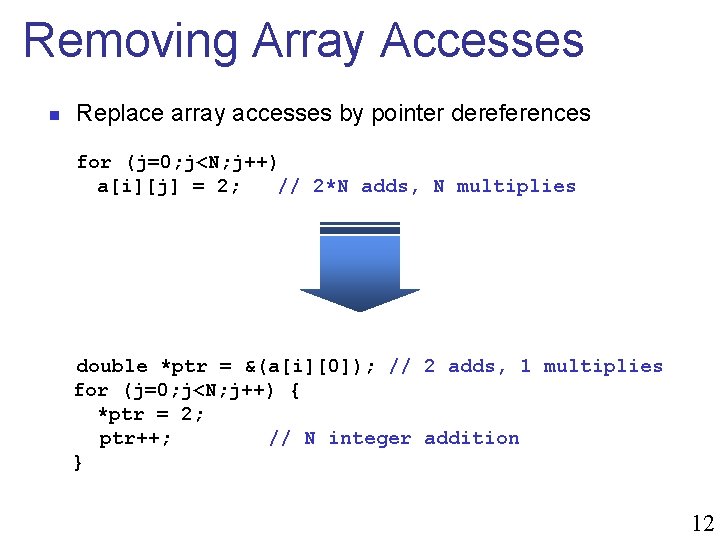 Removing Array Accesses n Replace array accesses by pointer dereferences for (j=0; j<N; j++)