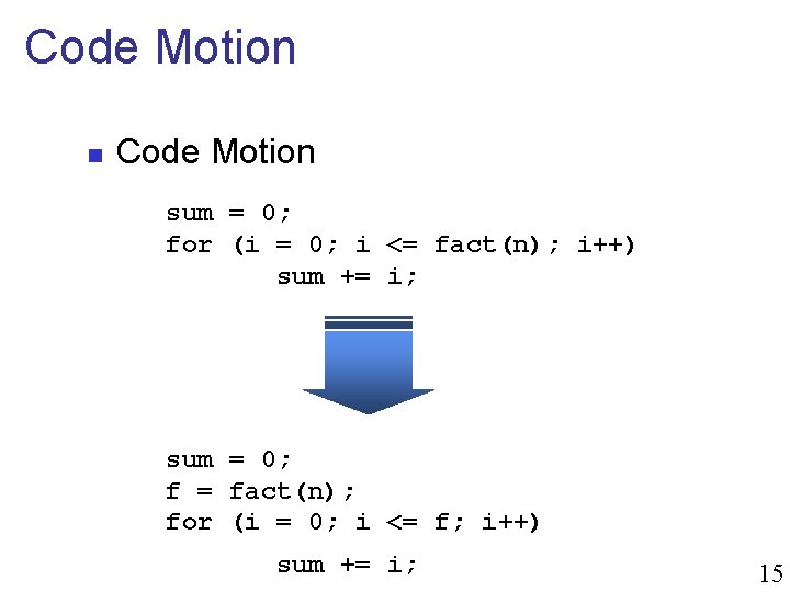 Code Motion n Code Motion sum = 0; for (i = 0; i <=