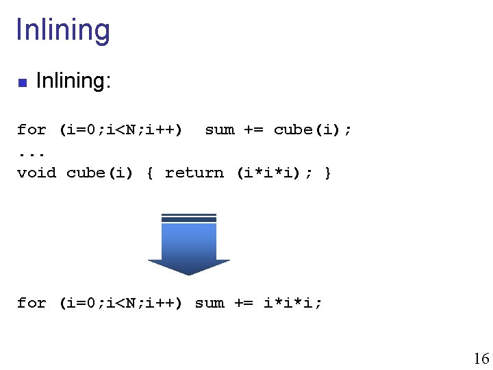 Inlining n Inlining: for (i=0; i<N; i++) sum += cube(i); . . . void