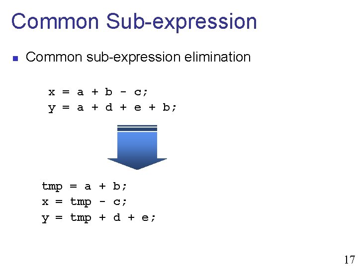 Common Sub-expression n Common sub-expression elimination x = a + b - c; y