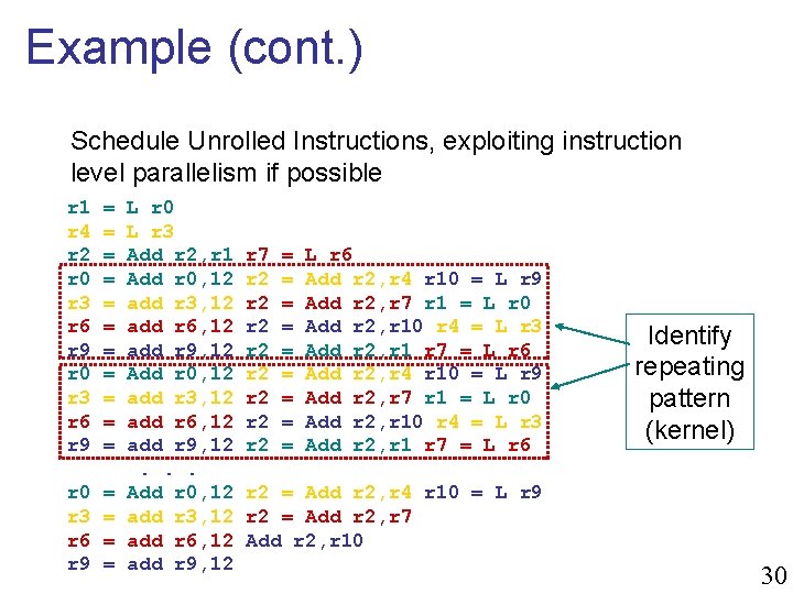 Example (cont. ) Schedule Unrolled Instructions, exploiting instruction level parallelism if possible r 1