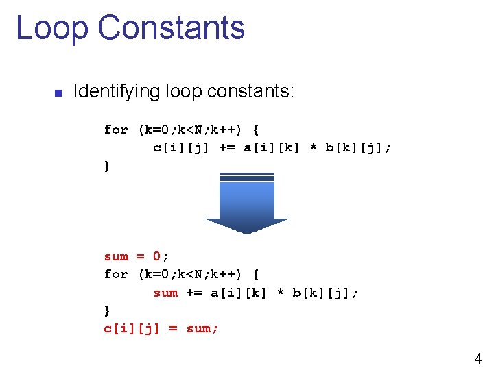 Loop Constants n Identifying loop constants: for (k=0; k<N; k++) { c[i][j] += a[i][k]