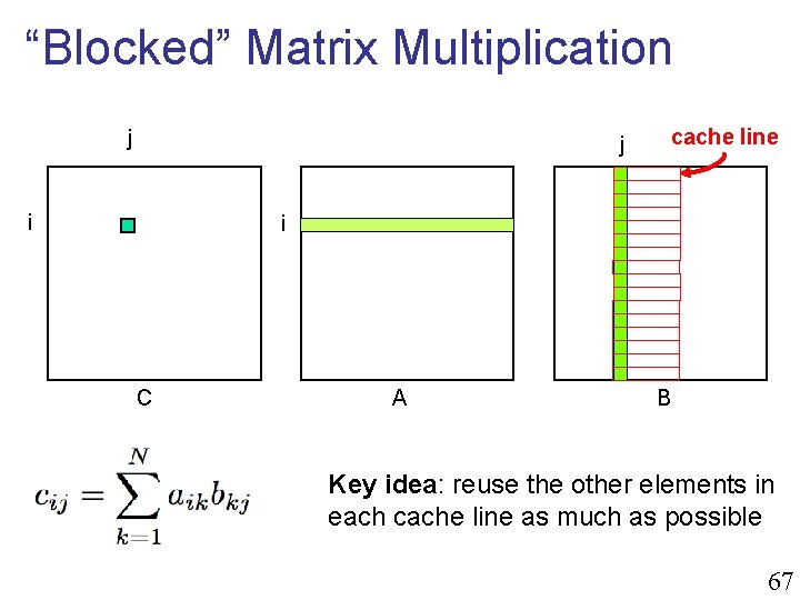 “Blocked” Matrix Multiplication j j i cache line i C A B Key idea: