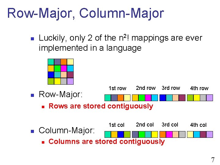 Row-Major, Column-Major n n Luckily, only 2 of the n 2! mappings are ever