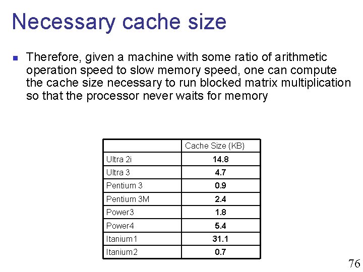 Necessary cache size n Therefore, given a machine with some ratio of arithmetic operation