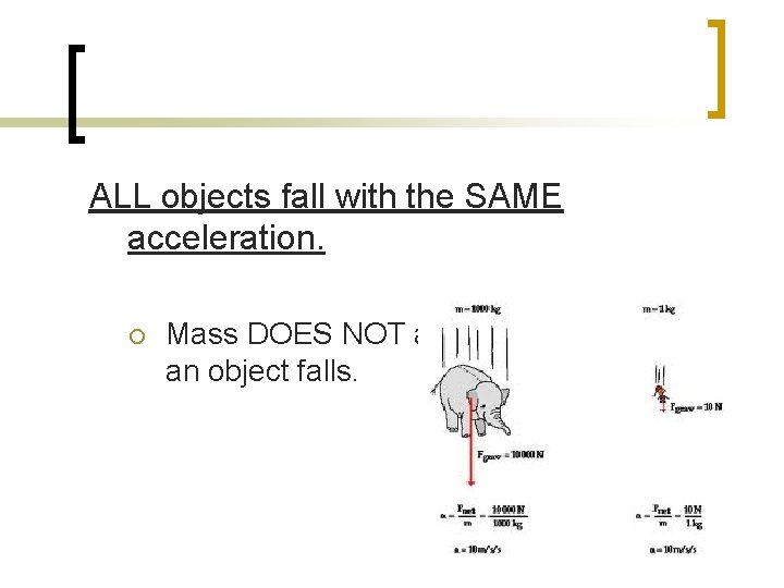 ALL objects fall with the SAME acceleration. ¡ Mass DOES NOT affect the rate