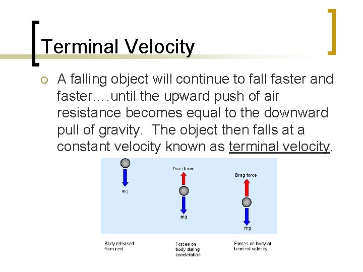 Terminal Velocity ¡ A falling object will continue to fall faster and faster…. until