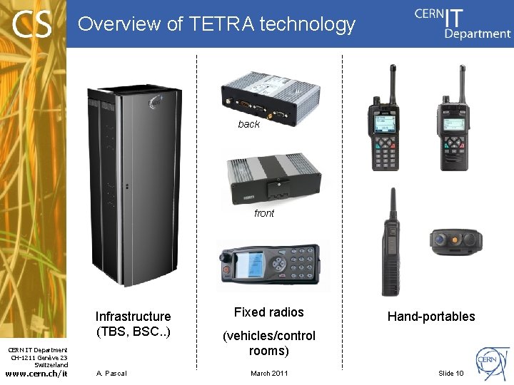 Overview of TETRA technology back front Infrastructure (TBS, BSC. . ) CERN IT Department