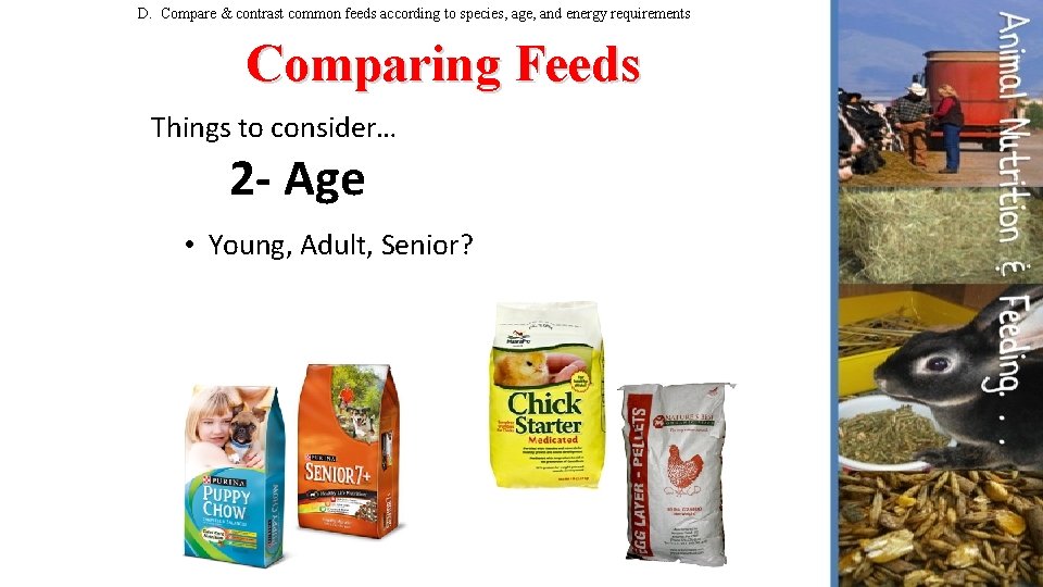 D. Compare & contrast common feeds according to species, age, and energy requirements Comparing