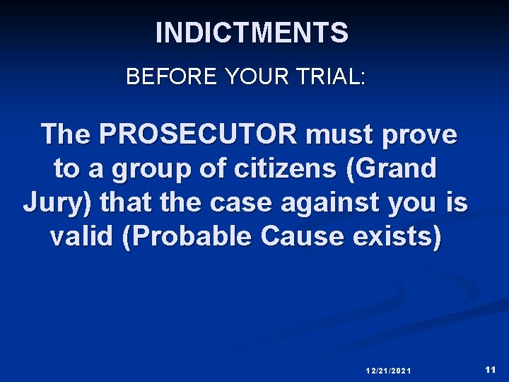 INDICTMENTS BEFORE YOUR TRIAL: The PROSECUTOR must prove to a group of citizens (Grand