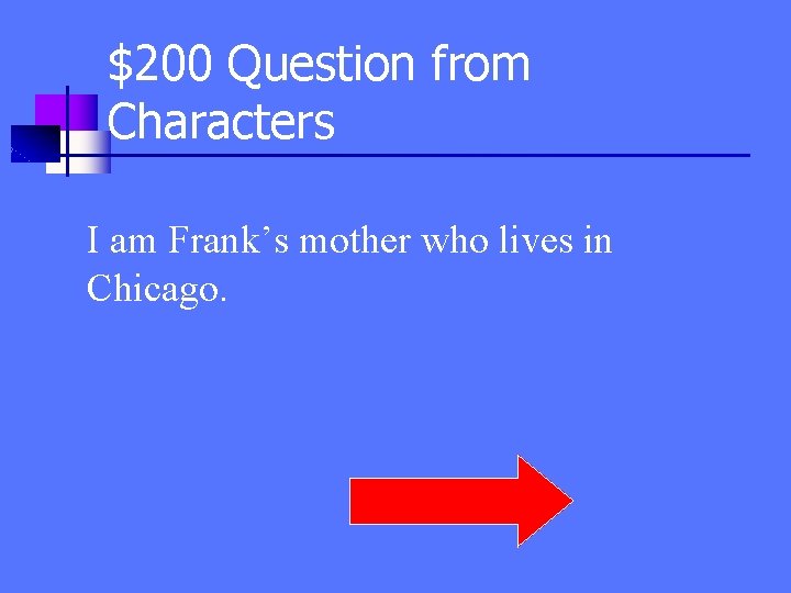 $200 Question from Characters I am Frank’s mother who lives in Chicago. 