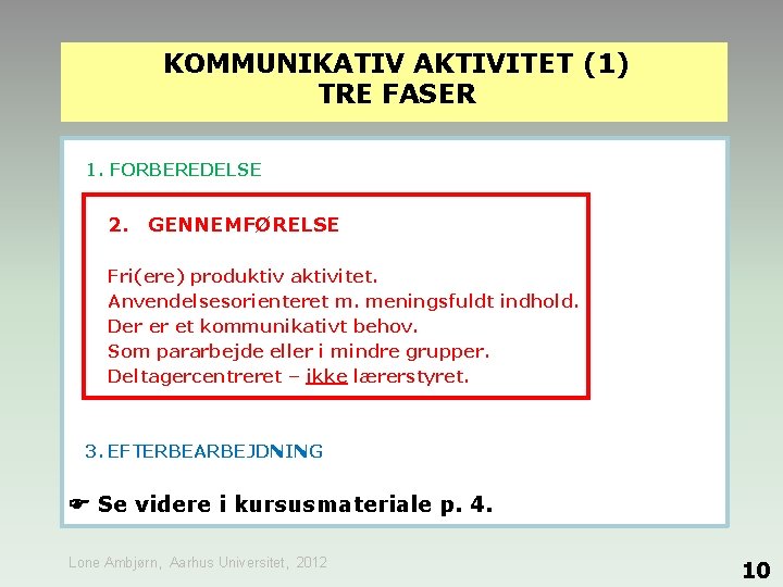 KOMMUNIKATIV AKTIVITET (1) TRE FASER 1. FORBEREDELSE 2. GENNEMFØRELSE Fri(ere) produktiv aktivitet. Anvendelsesorienteret m.