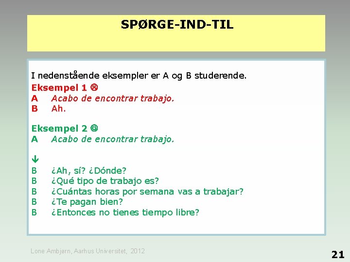 SPØRGE-IND-TIL I nedenstående eksempler er A og B studerende. Eksempel 1 A Acabo de