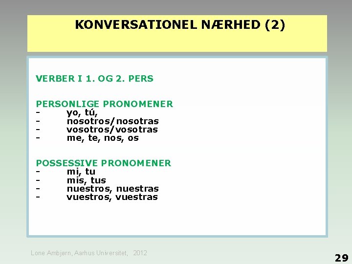 KONVERSATIONEL NÆRHED (2) VERBER I 1. OG 2. PERSONLIGE PRONOMENER yo, tú, nosotros/nosotras vosotros/vosotras