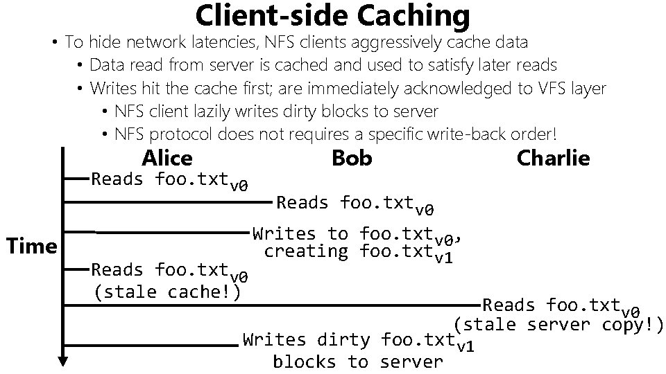 Client-side Caching • To hide network latencies, NFS clients aggressively cache data • Data