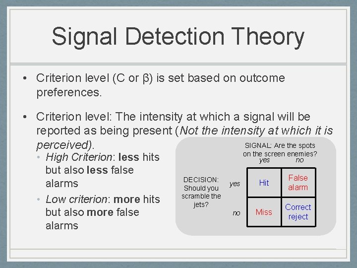 Signal Detection Theory • Criterion level (C or β) is set based on outcome