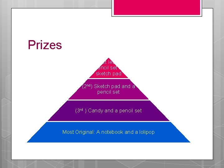 Prizes (1 st)Art lessons, pencil set & sketch pad (2 nd) Sketch pad and Prizes (1 st)Art lessons, pencil set & sketch pad (2 nd) Sketch pad and