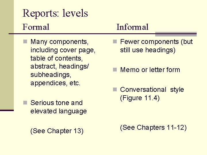 Reports: levels Formal n Many components, including cover page, table of contents, abstract, headings/