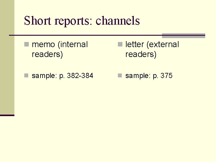 Short reports: channels n memo (internal readers) n sample: p. 382 -384 n letter