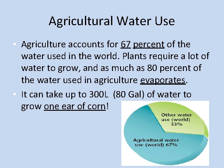 Agricultural Water Use • Agriculture accounts for 67 percent of the water used in